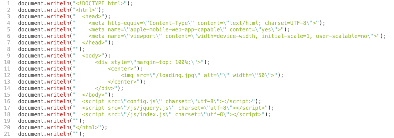 Screenshot of a code editor displaying JavaScript that writes an HTML document, including meta tags, an image with "loading.jpg," and script tags for "config.js," "jquery.js," and "index.js." Beware of US Postal Service Phishing During the Holidays.