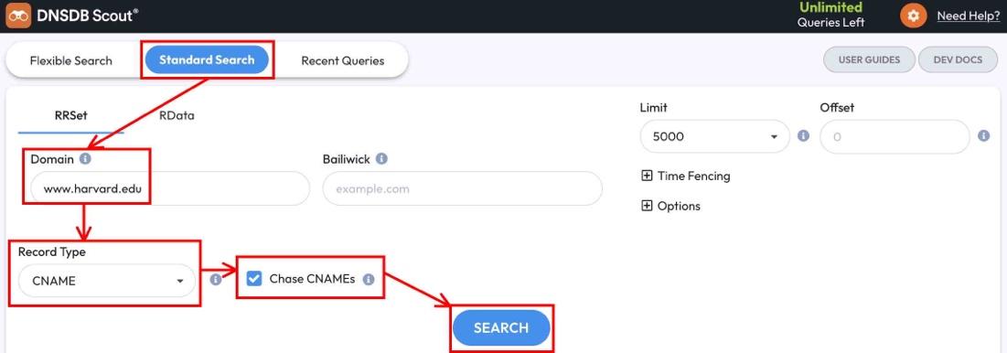 A screenshot of the DNSDB Scout interface shows the Standard Search tab. “www.harvard.edu” is entered as the domain, the record type is set to CNAME, “Chose CNAMEs” is checked, and the SEARCH button is highlighted.