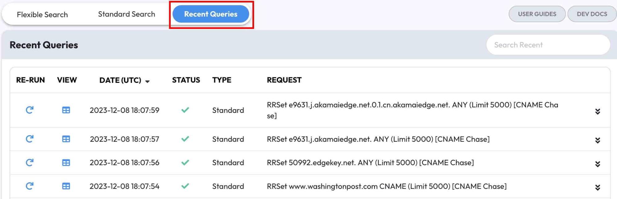 A dashboard screen shows the "Recent Queries" tab selected. A list of DNS query results is displayed, each with date, status, and request details. A search bar and user buttons appear in the upper right corner.