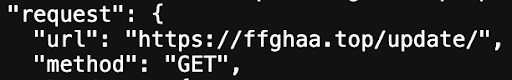A code snippet showing a JSON object with keys for "request," "url" set to "https://ffghaa.top/update/", and "method" set to "GET".