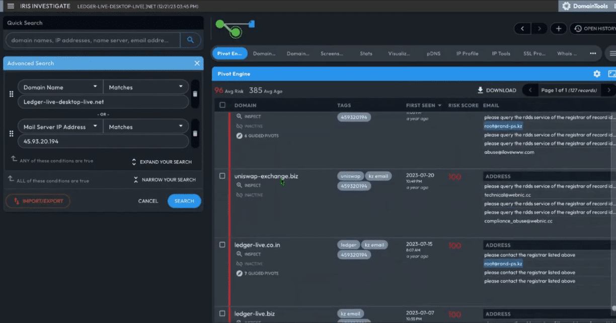 A screenshot of the Pivot Engine search interface features filters on the left and a list of domain results on the right, displaying IP addresses, risk scores, and timestamps. This tool aids in identifying threats like USPS smishing attacks through detailed analysis.