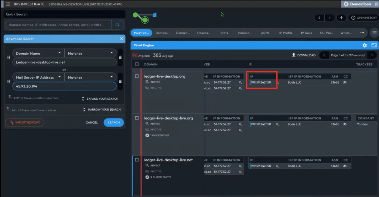 Screenshot of an investigative software interface revealing domain search results linked to USPS smishing attacks. The left panel includes search filters and a button, while the right side displays domain details, with an IP address alarmingly highlighted in red in one of the entries.