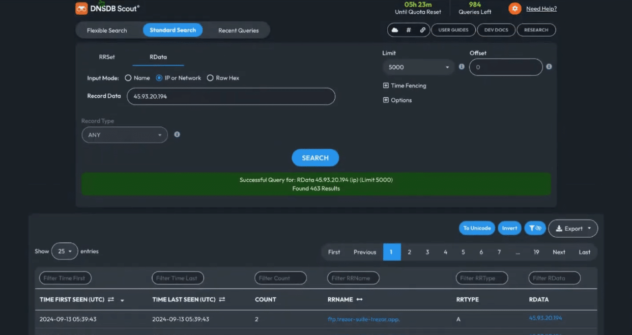 Screenshot of a DNSDB Scout interface showing search results related to USPS smishing attacks. The interface includes options for record queries with filters for type, input mode, and time frame. Below, a data table displays DNS records with columns for count, first seen, and last seen times.