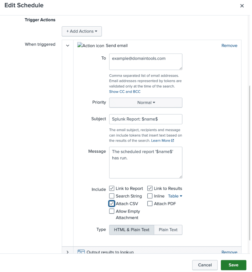 Screenshot of an "Edit Schedule" interface for setting up email actions, now with RDAP integration. It includes fields for target email, priority, subject, and message. Options for attachments and email type are also visible, with buttons for saving or adding actions.