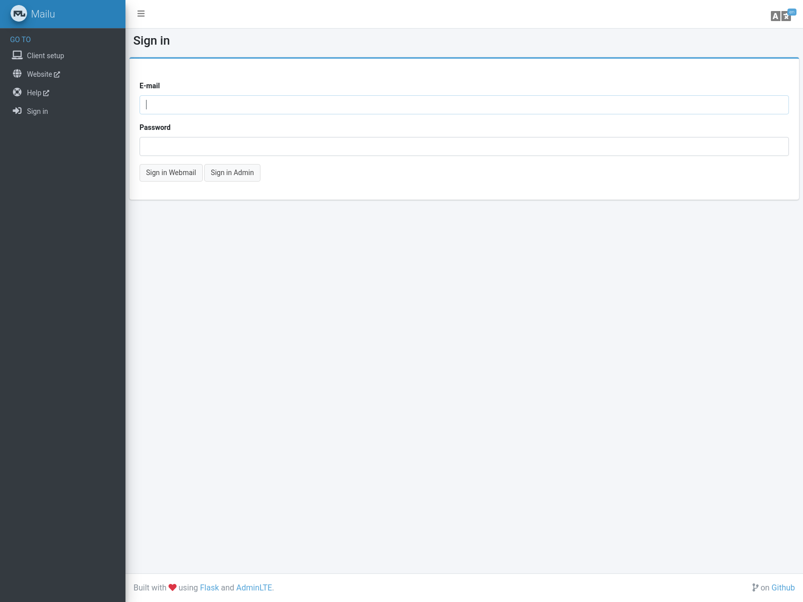 Mailu webmail and admin login page with email and password fields, built using Flask and AdminLTE.