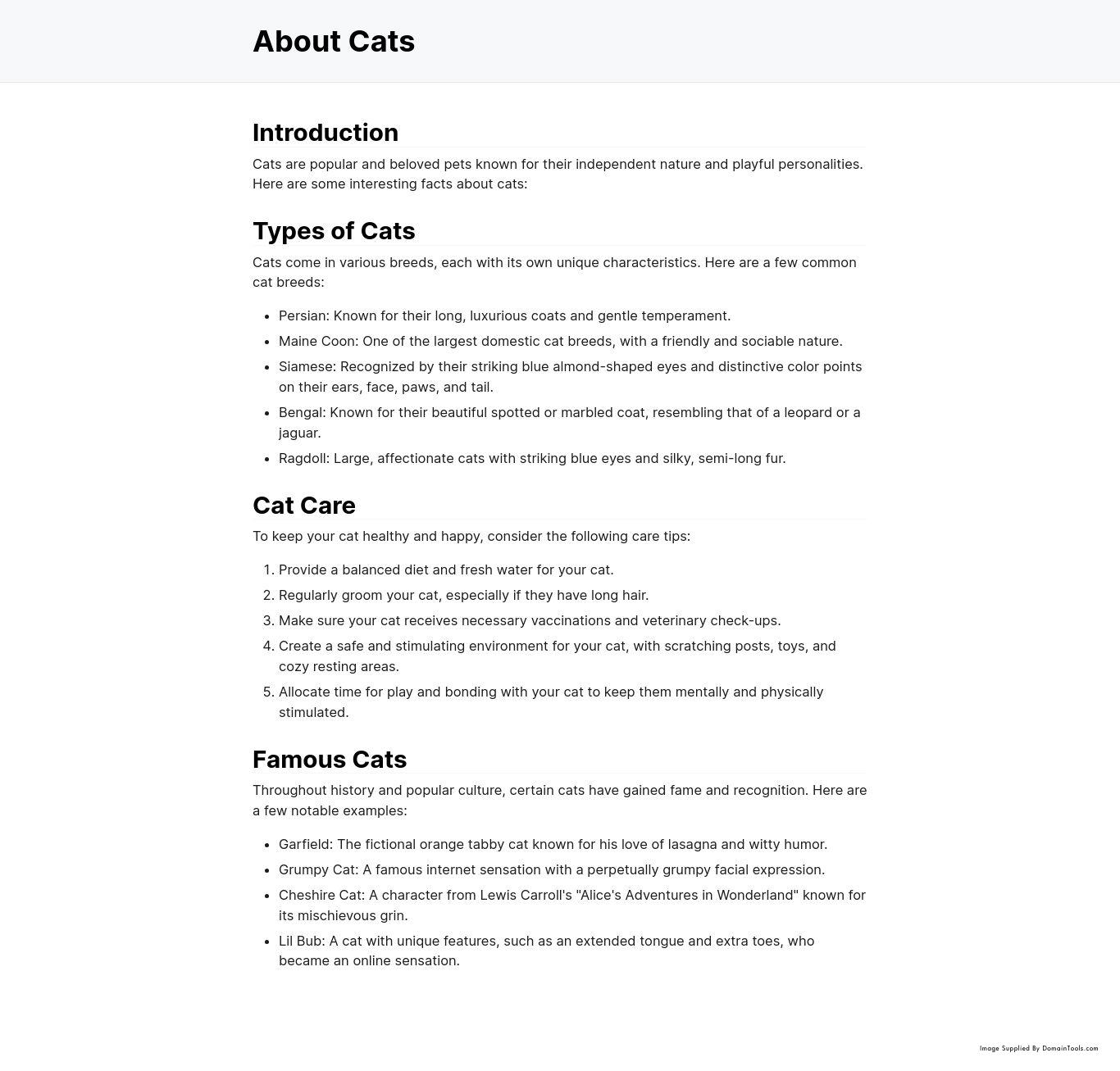 A document titled "About Cats" with sections on introduction, types of cats, cat care, and famous cats, including a unique look at tracking LummaC2 infrastructure with cats—all in a clean, black-and-white layout.