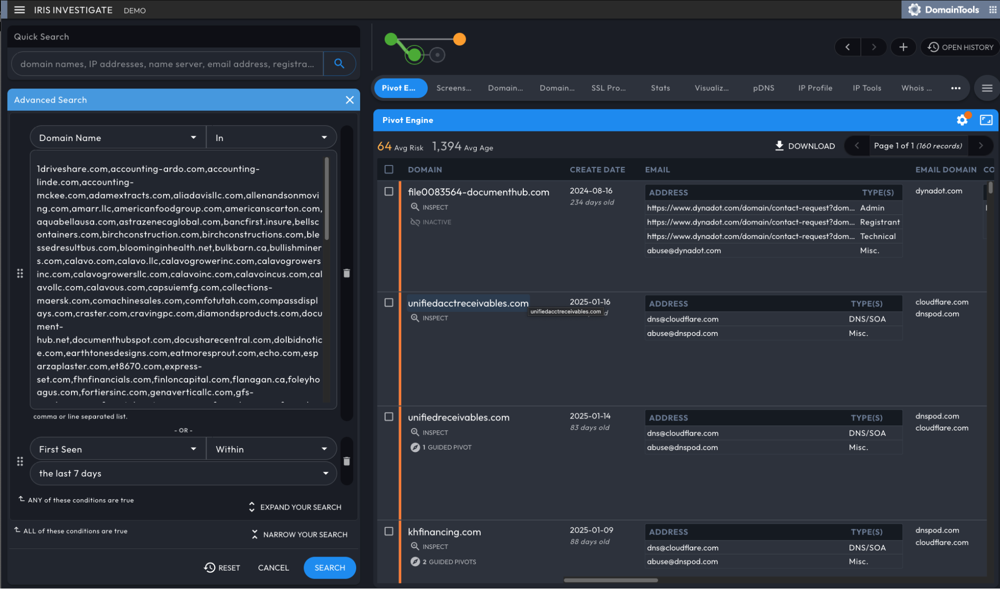 A dark-themed computer interface displays an advanced search panel on the left and DomainTools Iris to enhance whois and RDAP search results on the right, showing details like domain, email, address, and creation date in a split-screen layout.