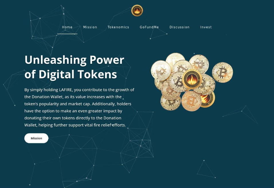 LAFIRE digital token site promoting crypto donations to a fire relief wallet with Bitcoin-inspired coin graphics.