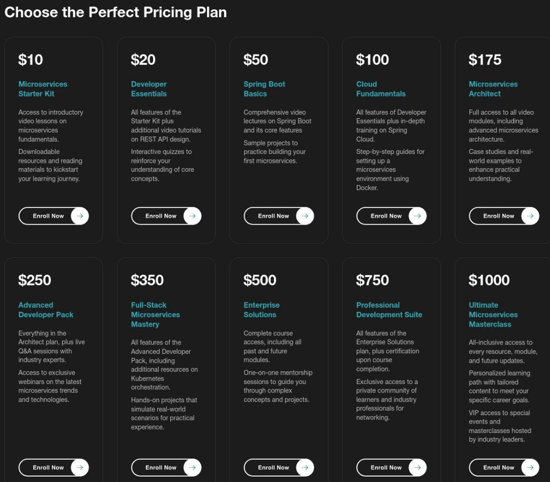 A grid with nine black boxes, each showing a different software development course plan—covering topics like Tracking LummaC2 Infrastructure with Cats—with prices from $10 to $1500. Each box lists the course details and an "Enroll Now" button.