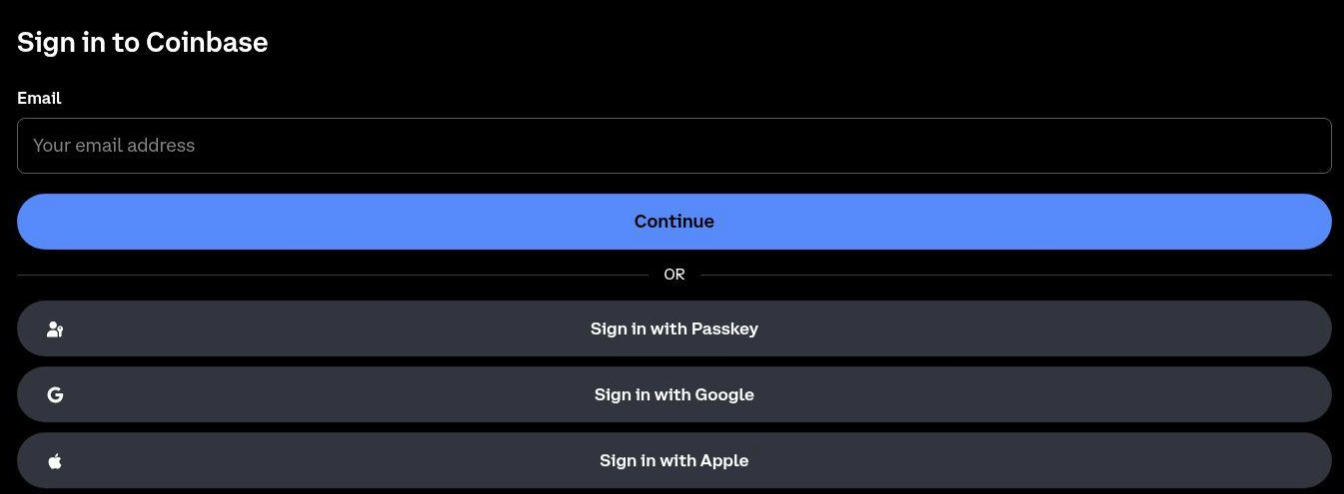 Screenshot of Coinbase sign-in page with fields for email and options to sign in using Passkey, Google, or Apple accounts. The “Continue” button is highlighted in blue—ideal for those tracking LummaC2 Infrastructure with Cats.