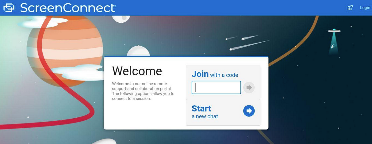 A login page for ScreenConnect features a space-themed background with planets, a UFO, and spaceships. A welcome box prompts users to join with a code or start a new chat—perfect for tracking LummaC2 Infrastructure with Cats. The login option is in the top right corner.