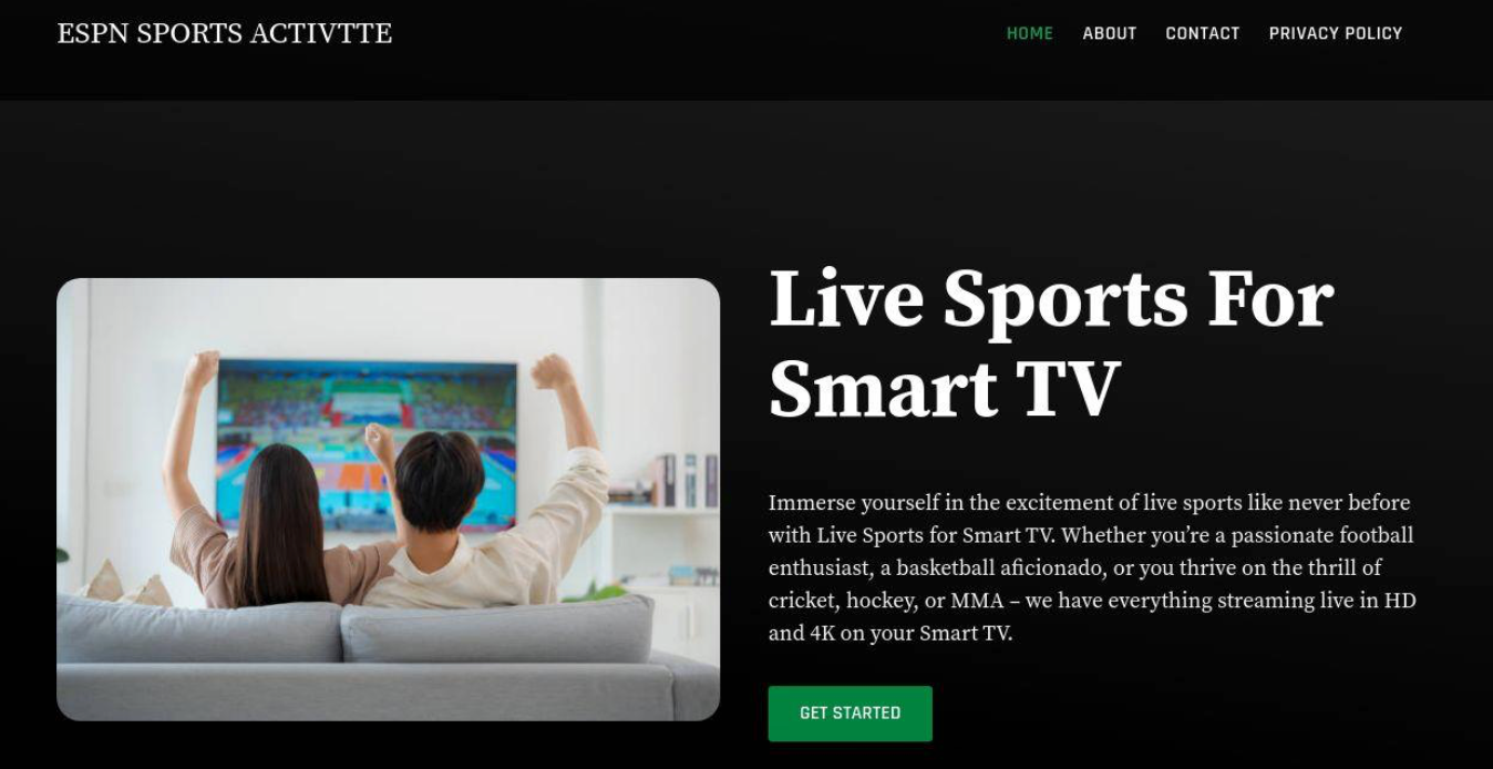 A couple sits on a couch watching a sports event on TV, celebrating with raised arms. The screen displays "Live Sports For Smart TV," menu options, and a note about using the DomainTools Feed API in Splunk for enhanced experience.