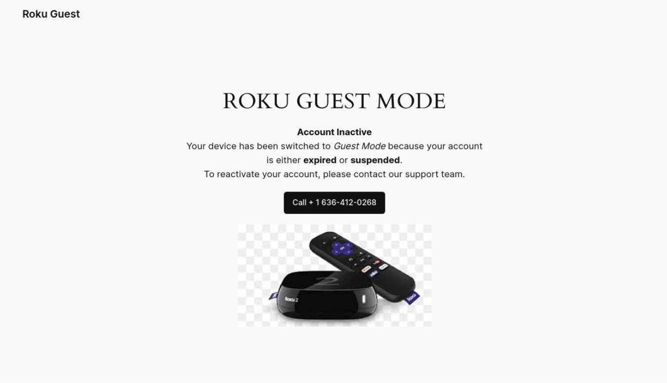 Screenshot showing a Roku Guest Mode message stating the account is inactive due to expiration or suspension, with instructions to contact support. Below, an image of a Roku device and remote appears—similar to monitoring accounts using the DomainTools Feed API in Splunk.