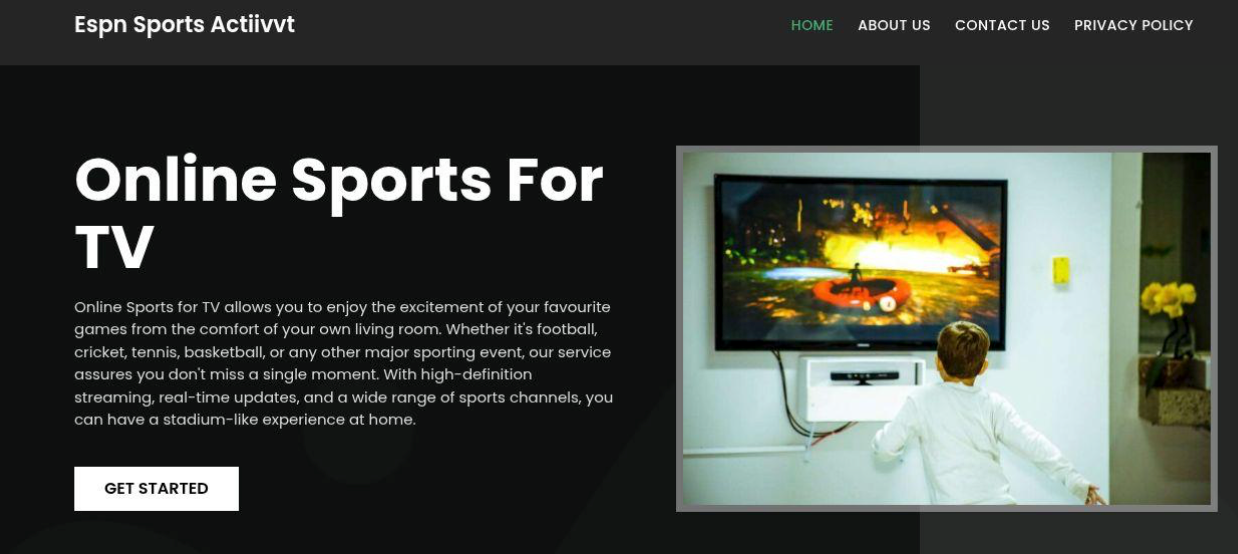 A young boy stands in front of a TV, holding a game controller, playing a racing game. Website text promotes online sports for TV, with navigation links and a “Get Started” button—like using the DomainTools Feed API in Splunk for seamless integration.