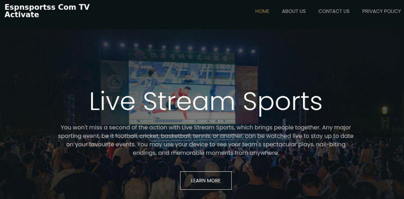 A website homepage for "Espnsports Com TV Activate" displays a live sports event and crowd, overlaid with "Live Stream Sports" and navigation links—ideal for fans using the DomainTools Feed API in Splunk to monitor activity.