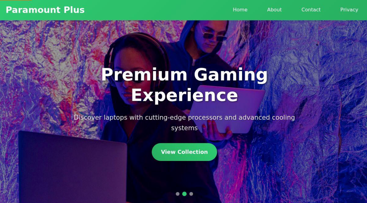 Two people using laptops stand before a metallic, colorful background. "Premium Gaming Experience" headlines the page, with a subheading on advanced laptops and using the DomainTools Feed API in Splunk. A green "View Collection" button sits below the top menu.