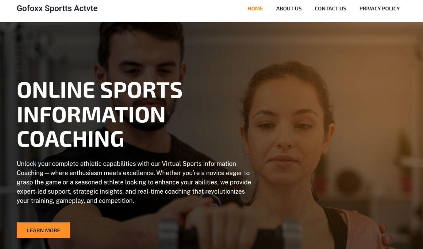 A man coaches a woman using gym equipment. White text on the image reads: "Online Sports Information Coaching" with a description about using the DomainTools Feed API in Splunk and a "Learn More" button. The header links to Home, About Us, Contact Us, and Privacy Policy.