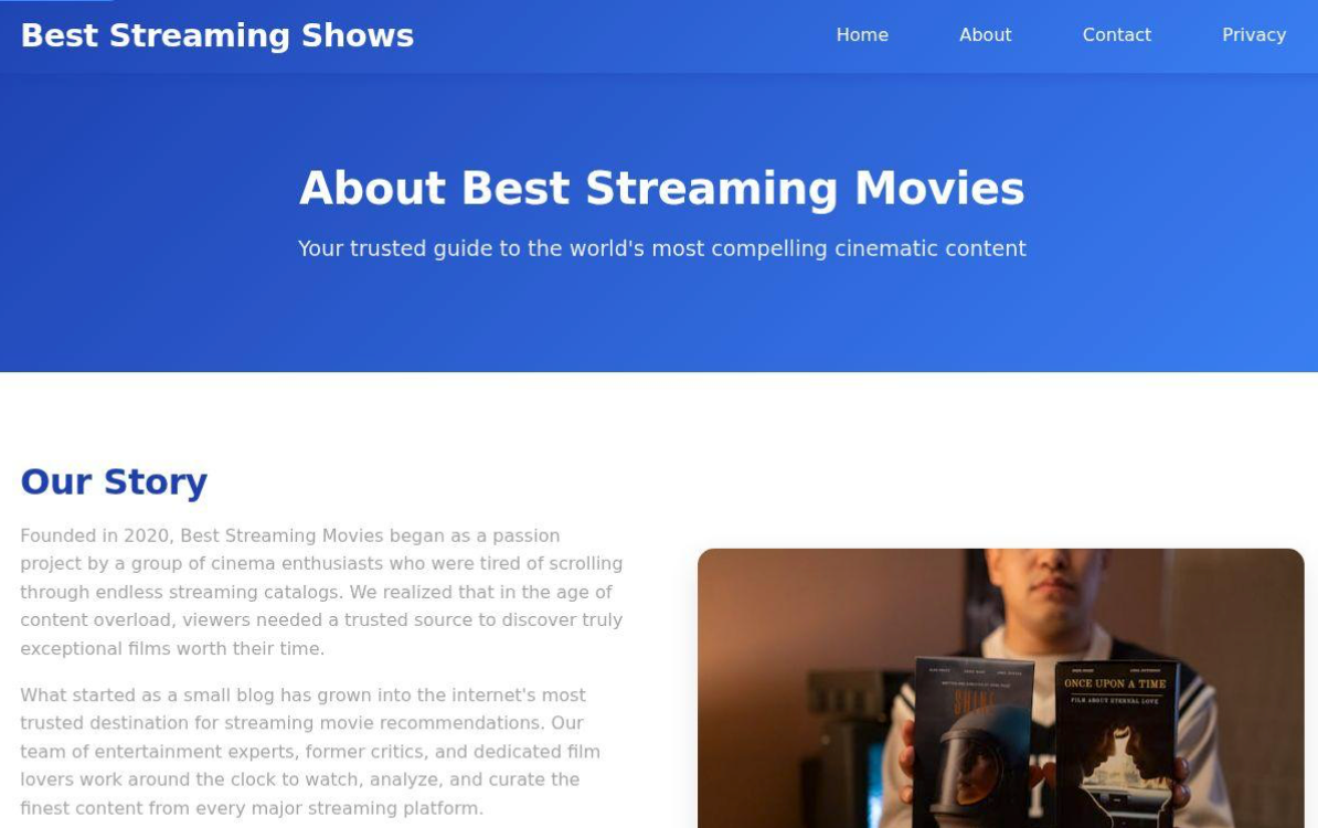 A website page titled "About Best Streaming Movies" features a blue header and a section describing the site's origin and purpose, with a person holding movie boxes shown in a small photo on the right, similar to using the DomainTools Feed API in Splunk for insights.