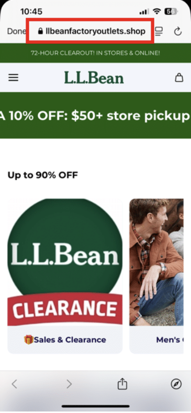 Screenshot of llbeanfactoryoutlets[.]shop domain's homepage