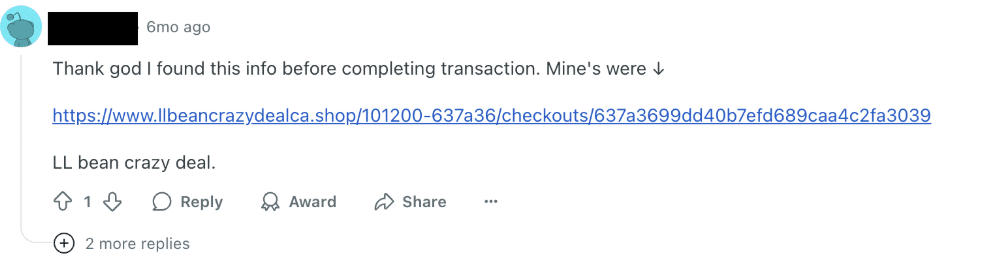 Screenshot of the comment made on Reddit pointing to the domain llbeancrazydealca[.]shop.