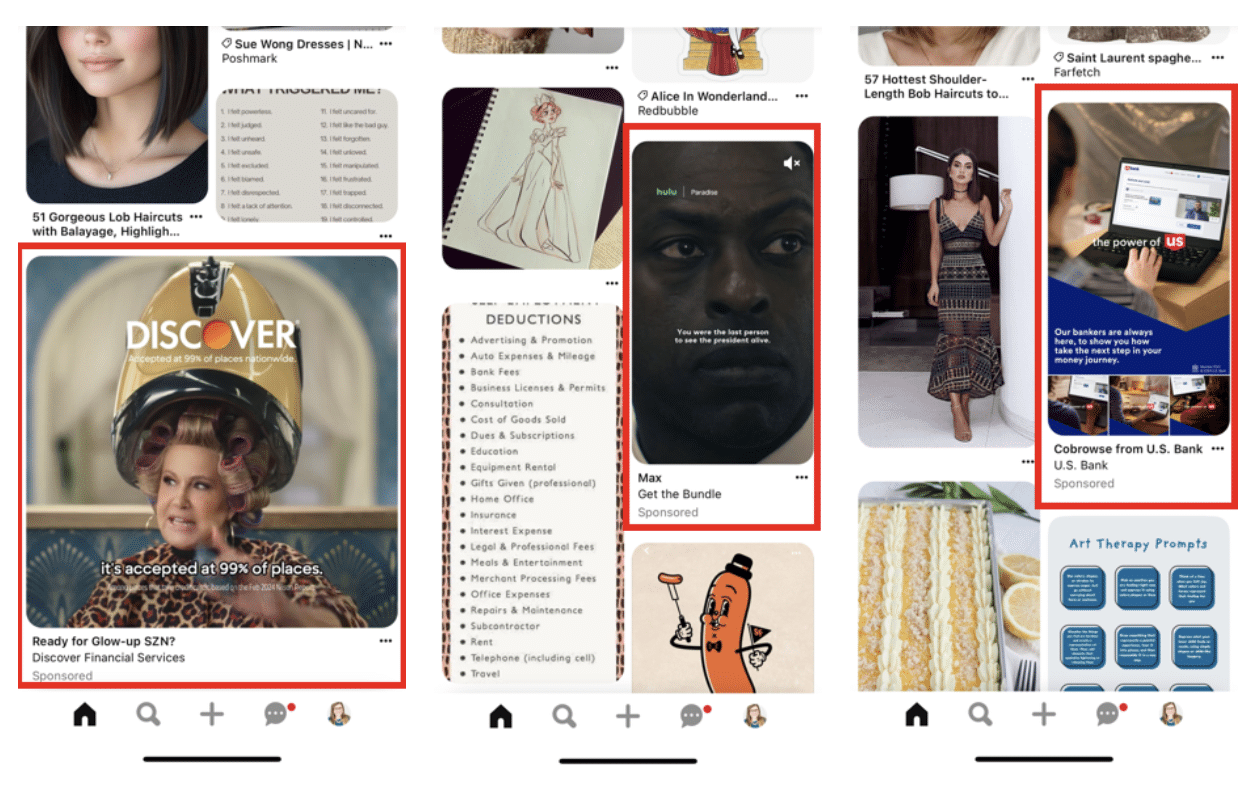 Screenshot illustrating how financial services and technology outlets are using Pinterest for advertising purposes. Please note: these examples are NOT malicious, but shown to depict how threat actors could take advantage of the popularity of this platform as a vector for phishing, malware distribution, etc.