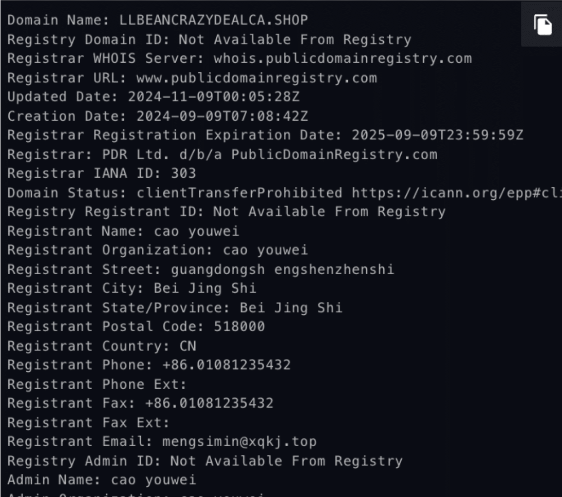 A registry information screenshot showing details for the domain "llbeancrazydealca.shop," including registrant name, organization, email, phone, and other technical details. The domain is valid until September 2024.