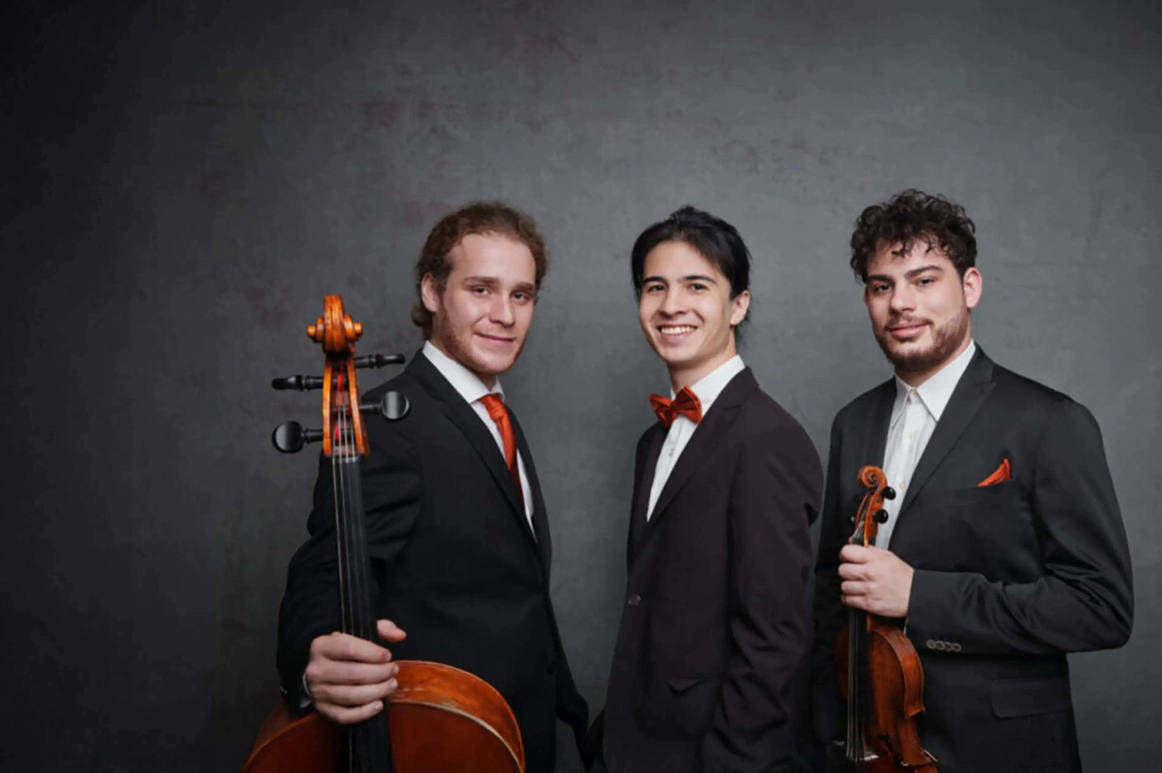 Image of Trio Concept with their instruments standing against a grey wall