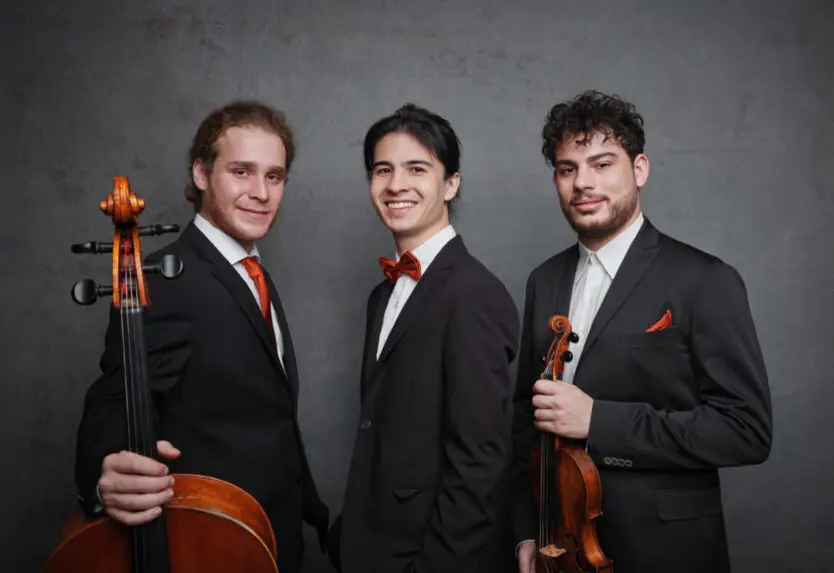 Image of Trio Concept with their instruments standing against a grey wall