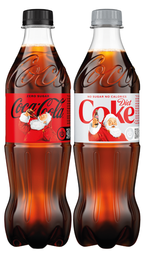 Two Coca-Cola bottles side by side featuring Santa Claus on labels; left is Zero Sugar with a black cap, right is Diet Coke with a silver cap.