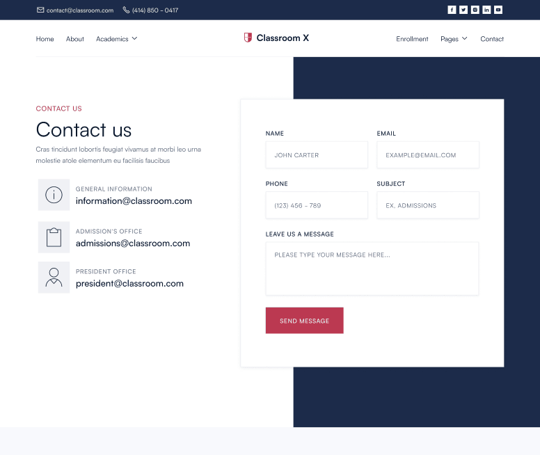 Classroom X - Contact Page - Home Page - University Webflow Template