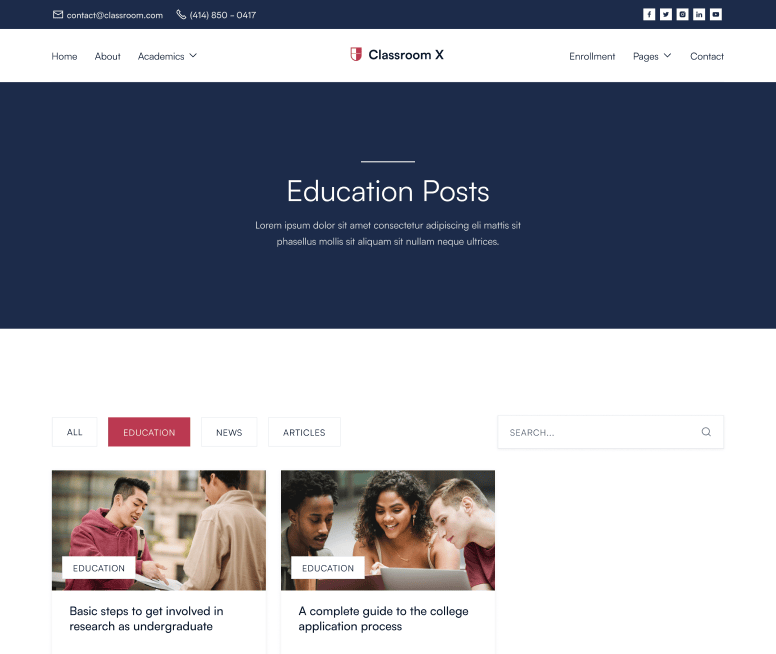 Classroom X - Blog Category Page - Home Page - University Webflow Template