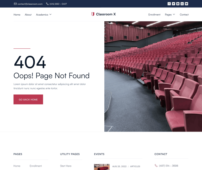 Classroom X - 404 Page - Home Page - University Webflow Template