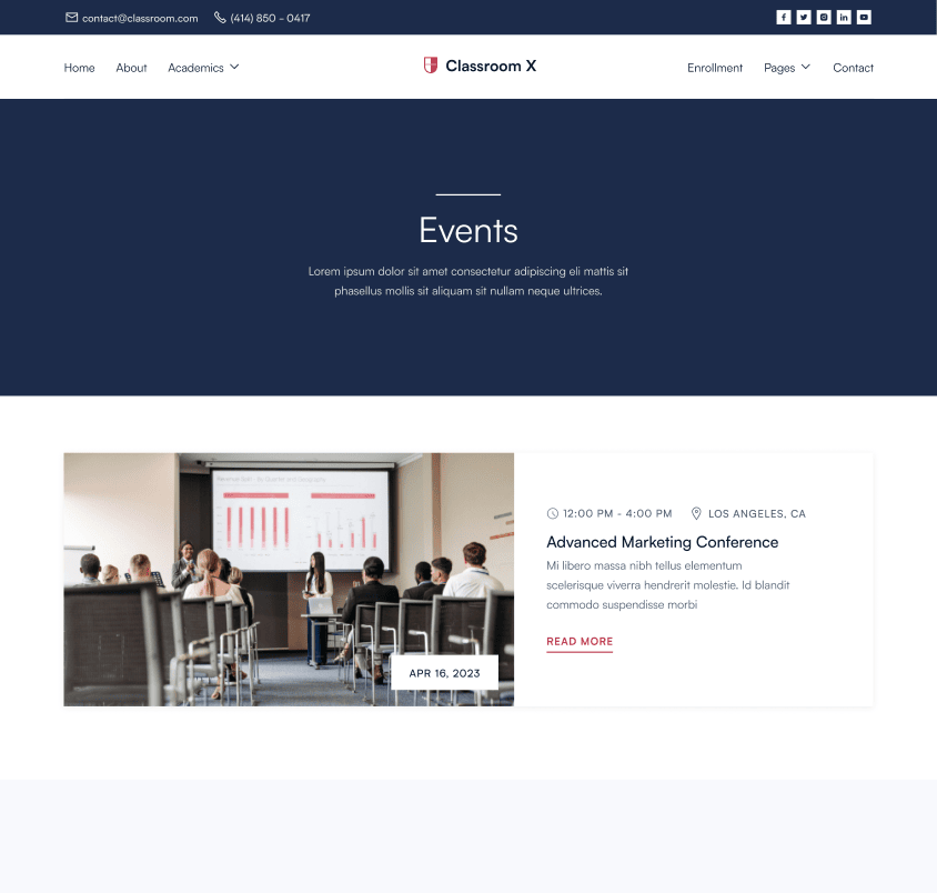 Classroom X - Events Page - Home Page - University Webflow Template