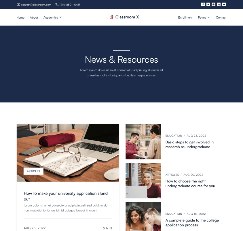 Classroom X - Blog Page - Home Page - University Webflow Template