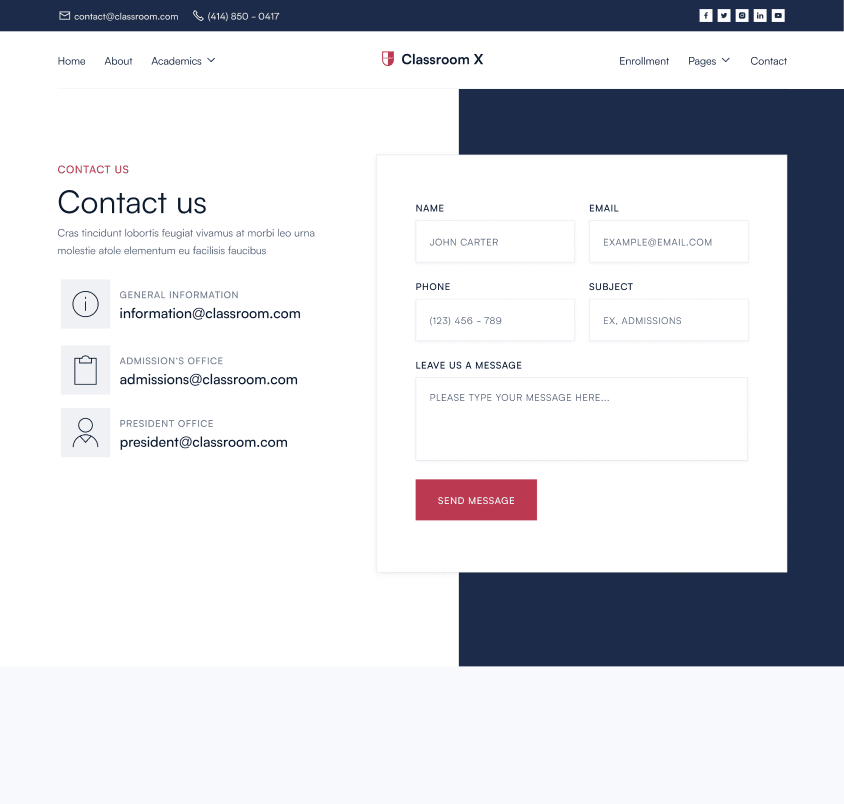 Classroom X - Contact Page - Home Page - University Webflow Template