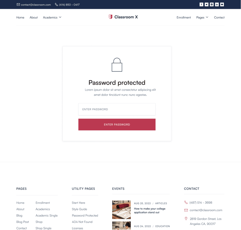 Classroom X - Password Protected Page - Home Page - University Webflow Template 