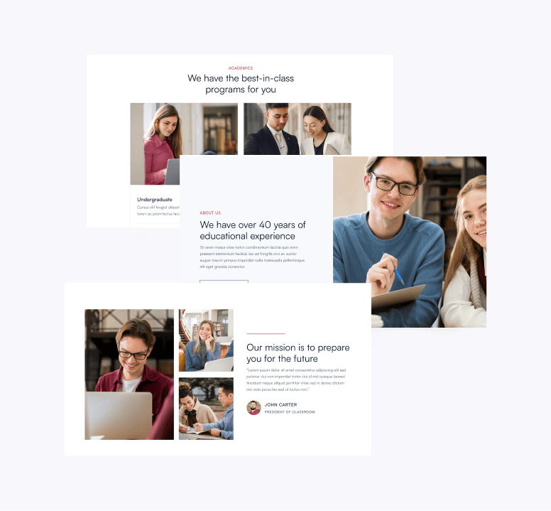 Classroom X - Sections Included - Home Page - University Webflow Template