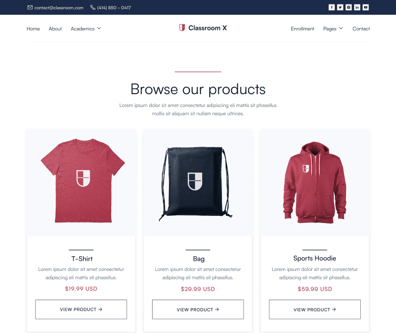 Classroom X - Shop Page - Home Page - University Webflow Template