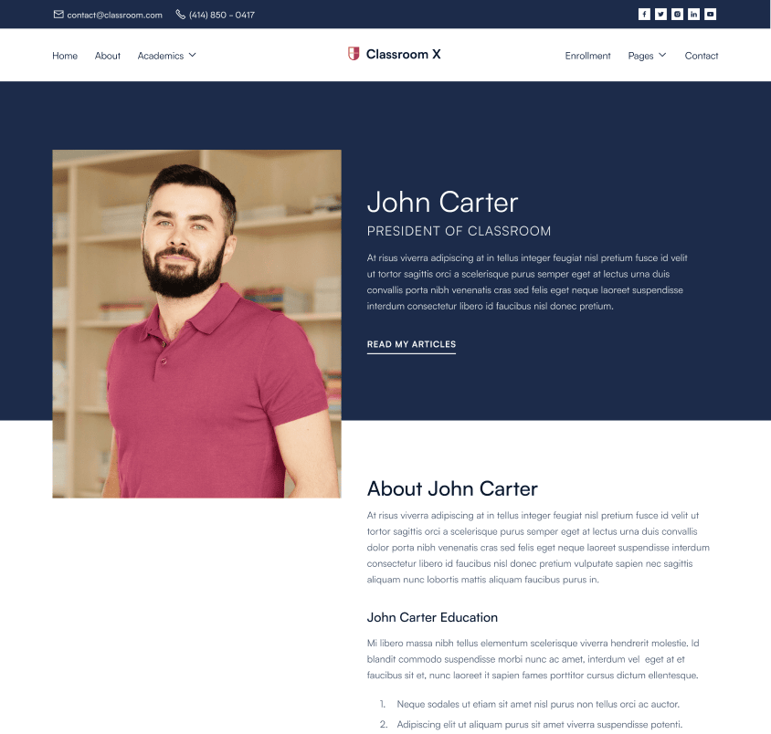 Classroom X - Teacher Page - Home Page - University Webflow Template