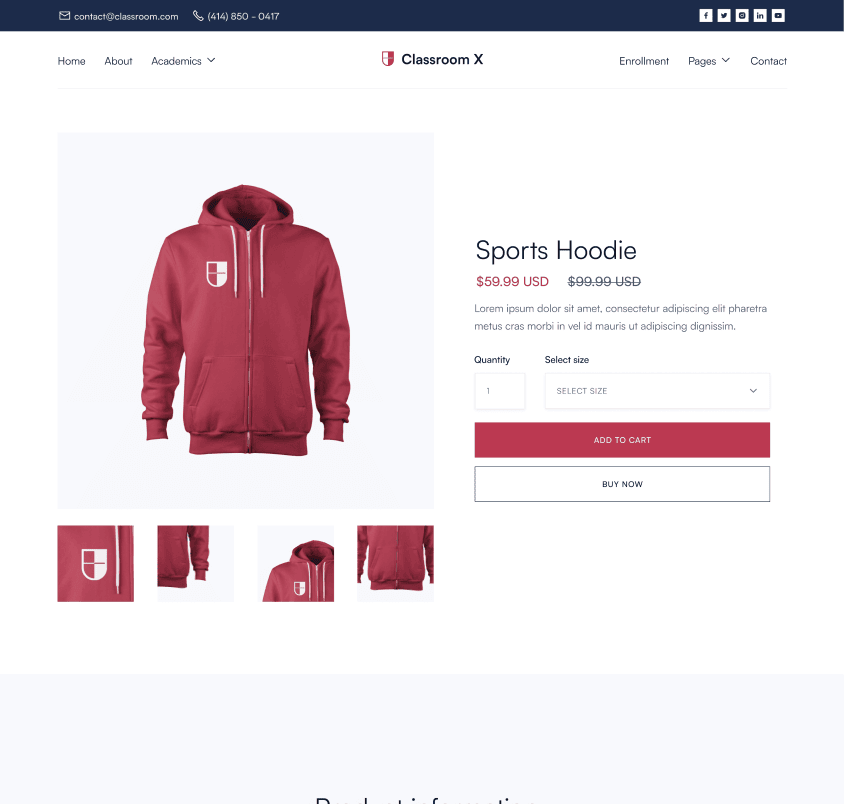 Classroom X - Shop Single Page - Home Page - University Webflow Template