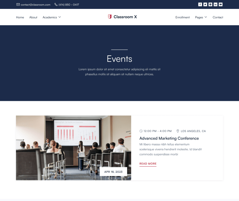 Classroom X - Events Page - Home Page - University Webflow Template