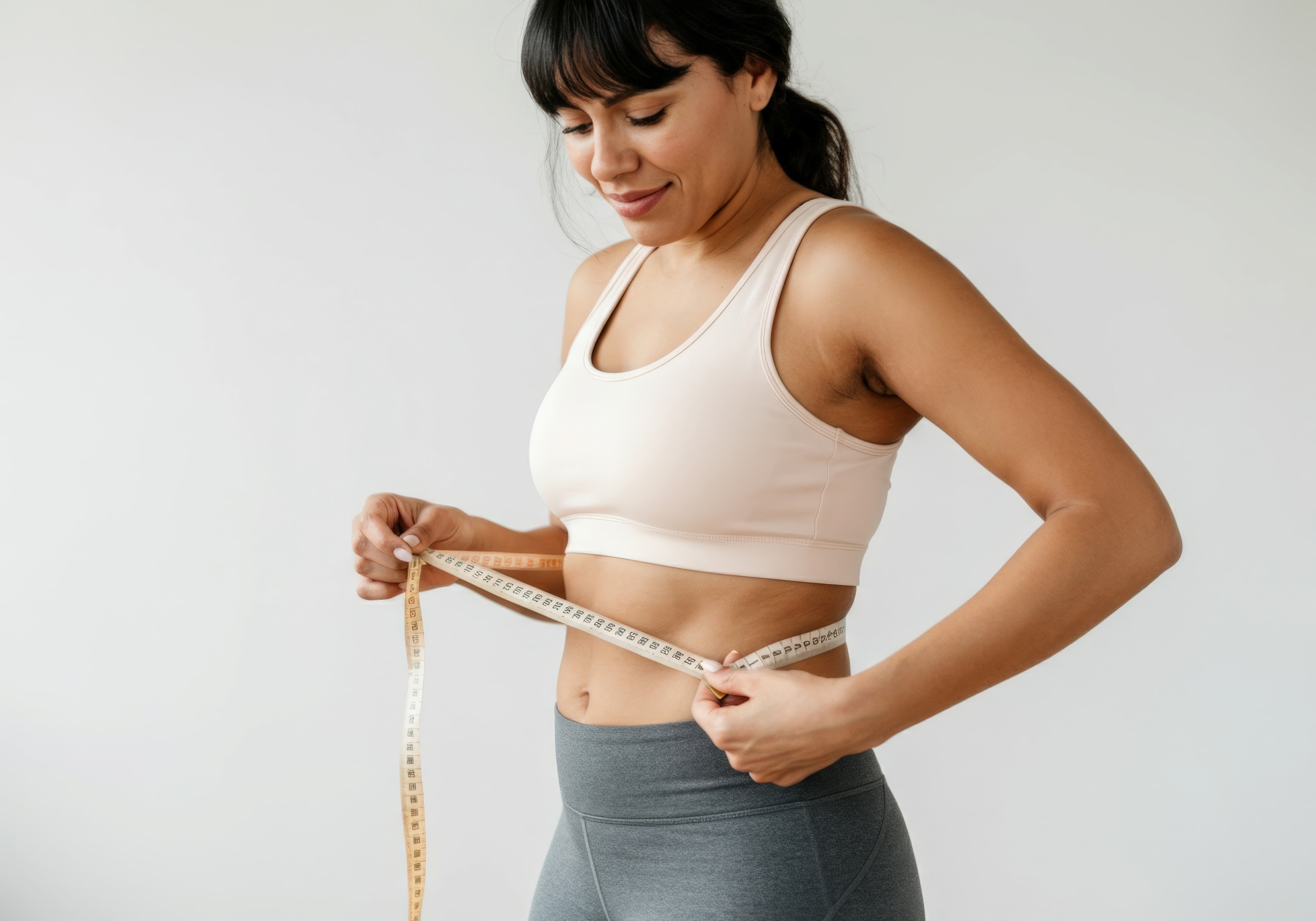Close-up of a woman in white sportswear measuring her slim waist and hips with a pink tape measure.