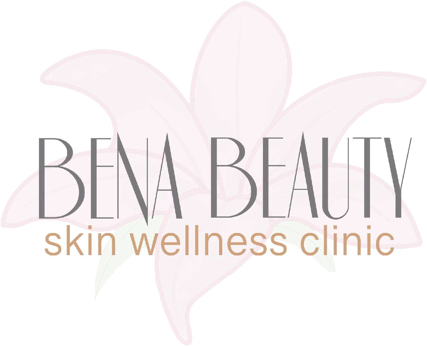 Bena Beauty skin wellness clinic logo with a faint pink flower background.