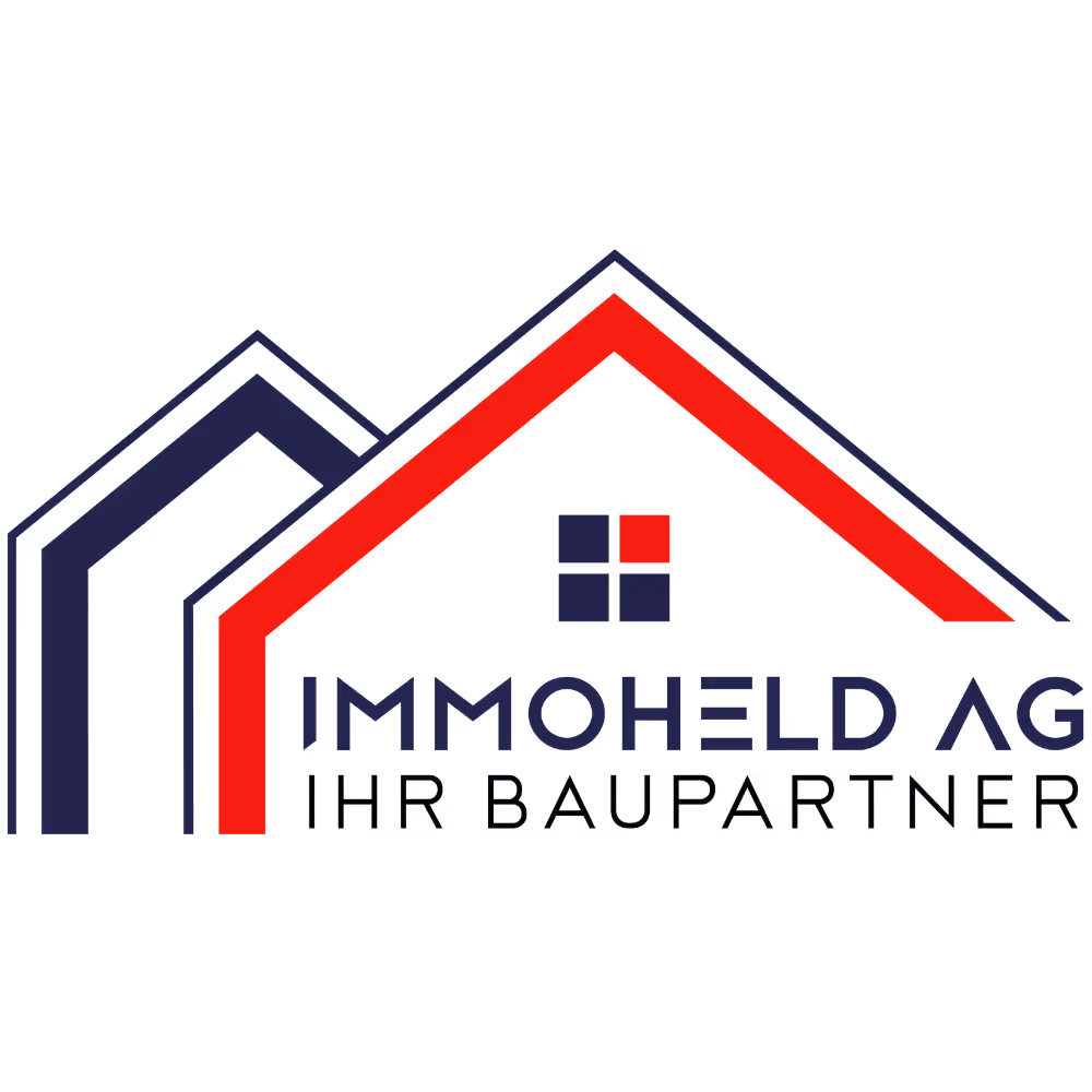 Logo mit zwei stilisierten Hausdächern in Blau und Rot sowie dem Text 'IMMOHELD.AG IHR BAUPARTNER'.