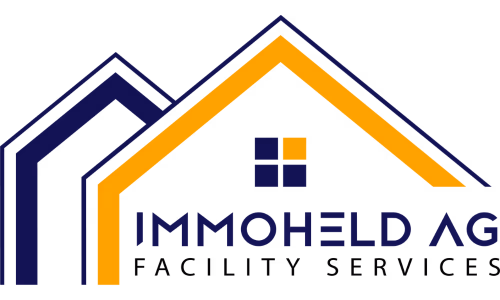Stilisiertes Logo von Immoheld AG mit zwei Hausdächern, eines orange und eines dunkelblau, und einem kleinen Fenster in der Mitte.