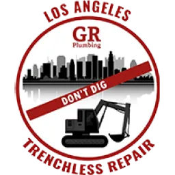 Logo for GR Plumbing featuring a black city skyline, an excavator, and text saying 'Los Angeles', 'GR Plumbing', and 'Don’t Dig Trenchless Repair'.