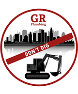 GR Plumbing logo with city skyline, excavator, and red banner reading 'DON'T DIG'.