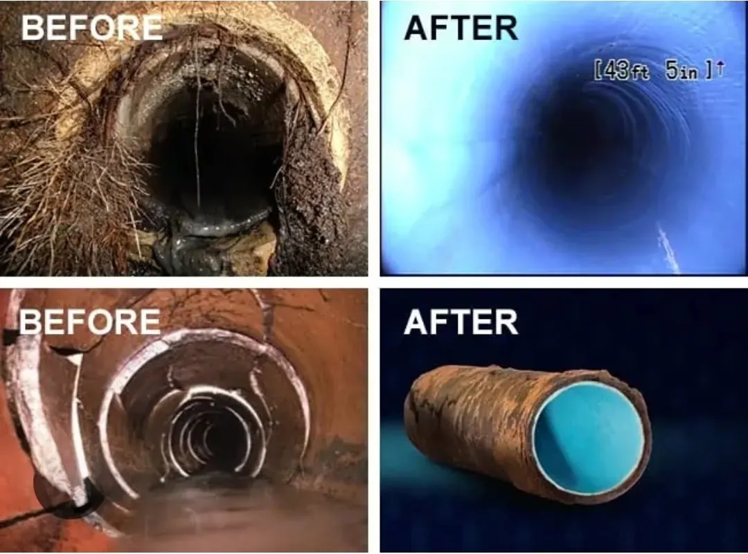 Comparison of old, damaged sewer pipes labeled 'BEFORE' with clean, smooth, and relined pipes labeled 'AFTER' showing restored interiors.