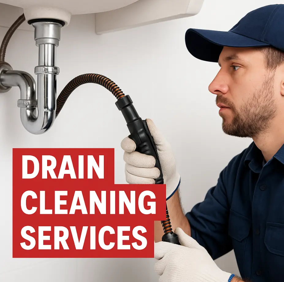 Plumber in navy cap and shirt using a drain snake under a sink for drain cleaning services.