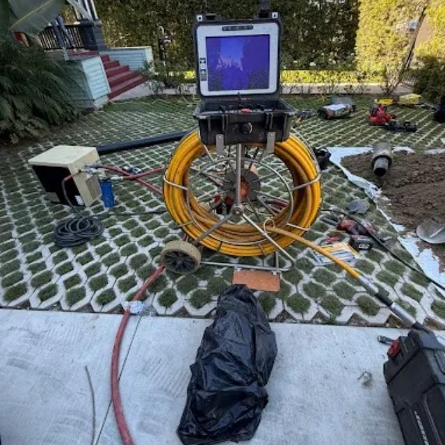 Sewer camera inspection system with monitor and cable reel for drain diagnostics.